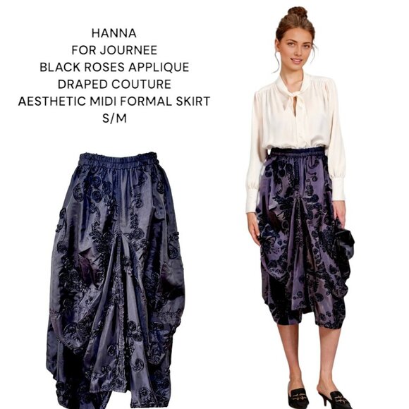 HANNAH FOR LA JOURNEE BLACK ROSES APPLIQUE COUTURE AESTHETIC MIDI SKIRT S/M - Picture 1 of 5